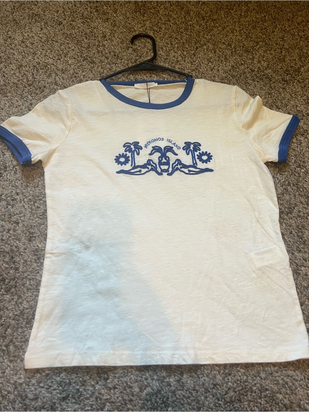 Zara Cream Ringer Tee with Blue Trim and Graphic